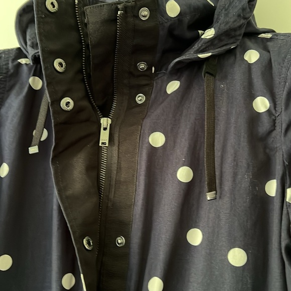 Hooded Trench coat navy blue and white polka dots size medium. Knee length - Picture 2 of 6
